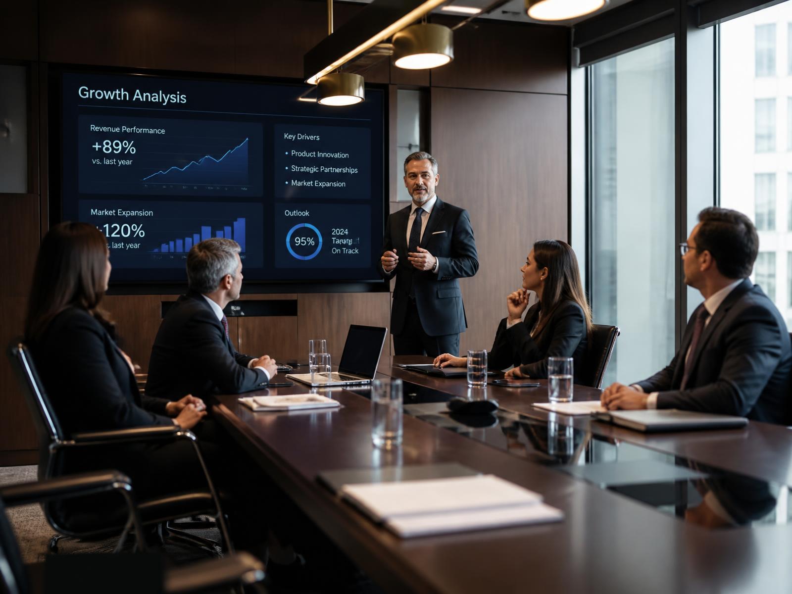 Empresários em reunião estratégica online com um mentor apresentando indicadores de crescimento
